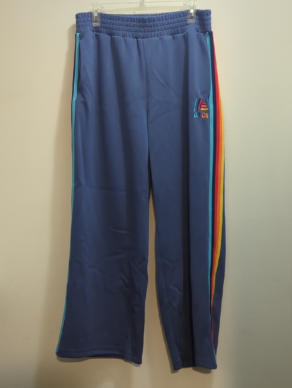 Aldi Blue Wide Leg Track Pants with Rainbow Side Stripes